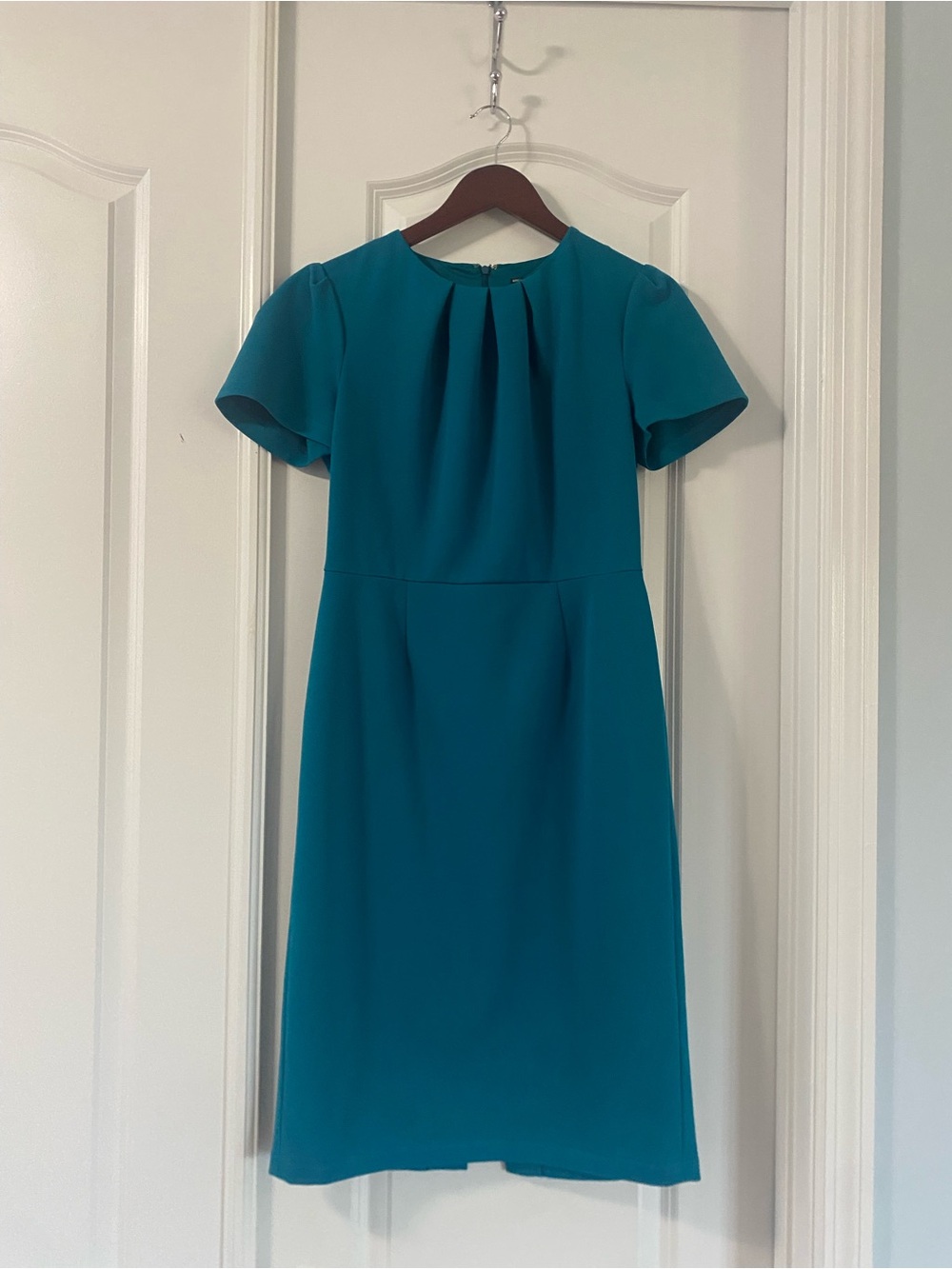 Maggie London Teal Short-Sleeve Pleat-Front Sheath Dress